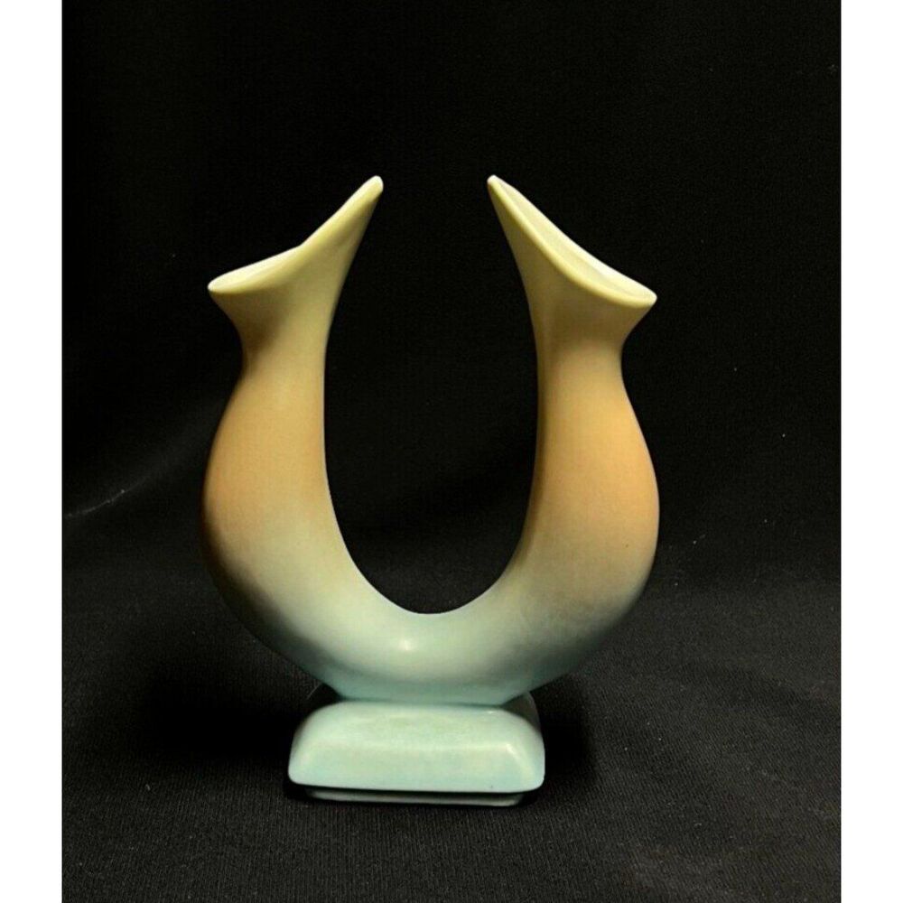 Vtg MCM Dryden Arkansas Ceramic Pottery 8" Tri-tone Double Horn Wedding Vase